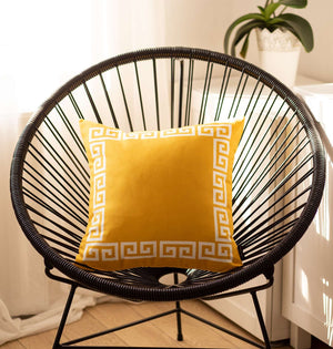 Yellow and White Greek Key Bordered Throw Pillow