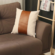 White and Brown Strap Faux Leather Throw Pillow