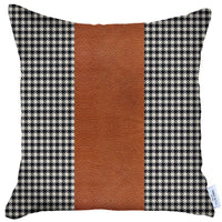 Black Houndstooth Faux Leather Strap Throw Pillow