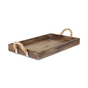 Dark Brown Wooden Tray with Rope Handles