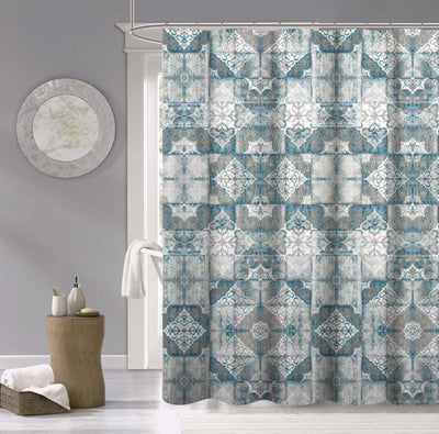 Blue and Gray Decorative Tiles Shower Curtain
