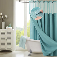 Teal Sheer and Grid Shower Curtain and Liner Set