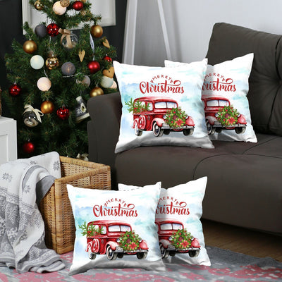 Set of 4 Merry Christmas Vintage Red Car Throw Pillows
