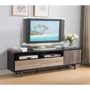 71" Brown And Black Particle Board And Mdf Cabinet Enclosed Storage TV Stand