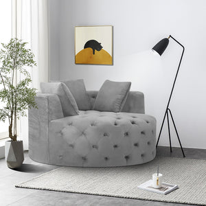 Glam Gray Velvet Round Tufted Swivel Accent Chair