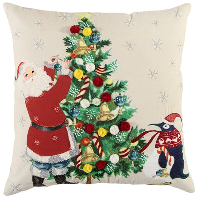 Ivory Vintage Santa and Penguin Christmas Throw Pillow