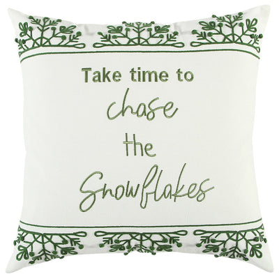 Chase the Snowflakes Green and White Decorative Throw Pillow