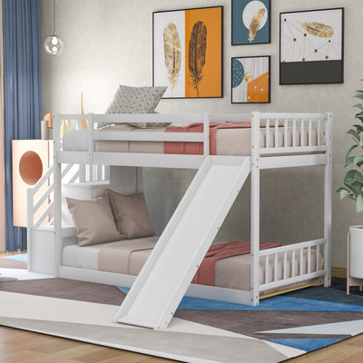 White Twin Over Twin Bunk Bed with Stairway and Slide