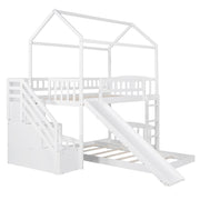White Twin Over Twin PlayHouse Perpendicular Bunk Bed with Slide