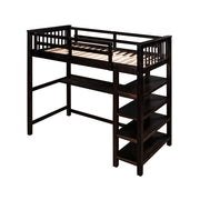 Espresso Twin Size Wood Loft Bed with Storage Shelves and Desk