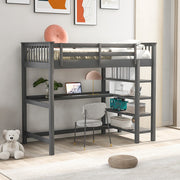 Gray Twin Size Wood Loft Bed with Storage Shelves and Desk
