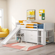 White Twin Size Low Loft Bed With Cabinets and Slide