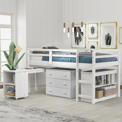 White Low Twin Loft Bed With Cabinet and Desk