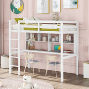 White Twin Loft Bed With Desk and Shelves