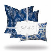 Set Of Three 20" X 20" Blue And White Zippered Coastal Throw Indoor Outdoor Pillow Cover