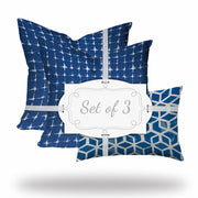 Set Of Three 20" X 20" Blue And White Zippered Geometric Throw Indoor Outdoor Pillow Cover