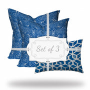 Set Of Three 20" X 20" Blue And White Zippered Coastal Throw Indoor Outdoor Pillow Cover
