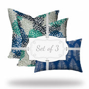 Set Of Three 20" X 20" Blue And White Zippered Floral Throw Indoor Outdoor Pillow Cover