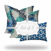 Set Of Three 20" X 20" Blue And White Zippered Floral Throw Indoor Outdoor Pillow Cover