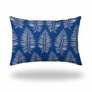 12" X 16" Blue And White Blown Seam Tropical Lumbar Indoor Outdoor Pillow