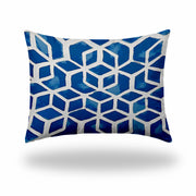12" X 16" Blue And White Enveloped Geometric Lumbar Indoor Outdoor Pillow