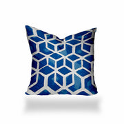 12" X 12" Blue And White Enveloped Geometric Throw Indoor Outdoor Pillow