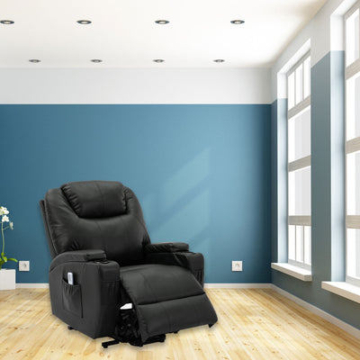 Power Lift Black Faux Leather Recliner Chair with Massage and Heat
