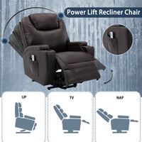 Power Lift Brown Faux Leather Recliner Chair with Massage and Heat