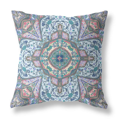 Pale Blue Pink Floral Medallion Suede Throw Pillow