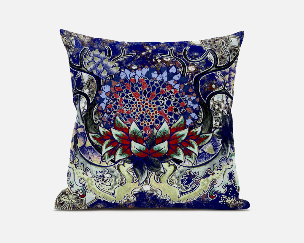 20” Blue Red Flower Bloom Suede Throw Pillow