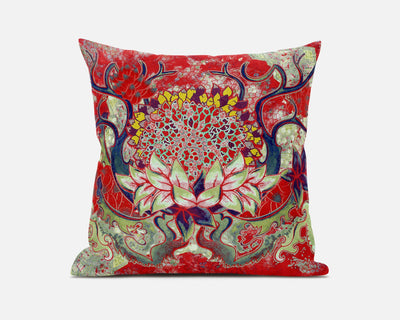 16” Red Green Flower Bloom Suede Throw Pillow