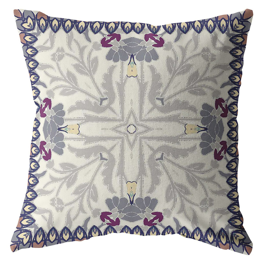 Gray Floral Frame Indoor Outdoor Zippered Throw Pillow