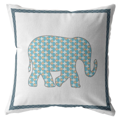 18” Blue White Elephant Boho Suede Throw Pillow