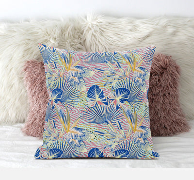 20” Blue Pink Tropical Zippered Suede Throw Pillow