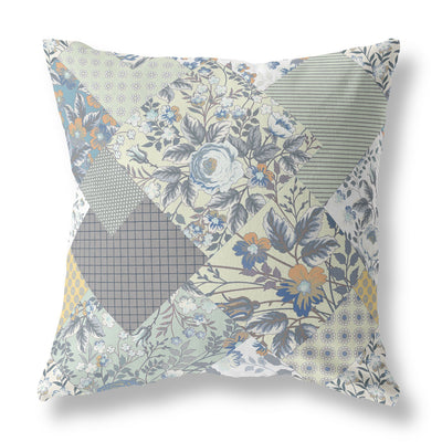 Gray Cream Boho Floral Indoor Outdoor Throw Pillow