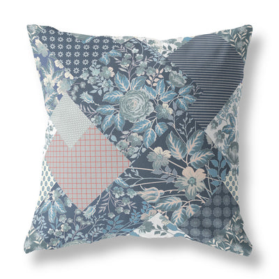 Blue White Boho Floral Indoor Outdoor Throw Pillow