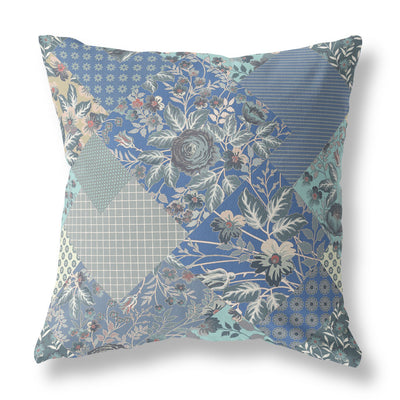 Gray Blue Boho Floral Indoor Outdoor Throw Pillow