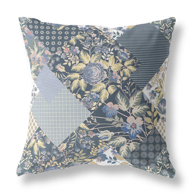 Blue Yellow Boho Floral Indoor Outdoor Throw Pillow