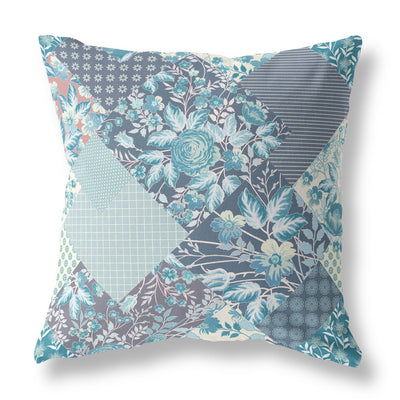 Aqua Navy Boho Floral Indoor Outdoor Throw Pillow