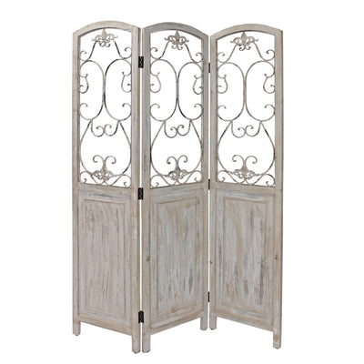 Romantic Whitewashed Scroll Three Panel Room Divider Screen