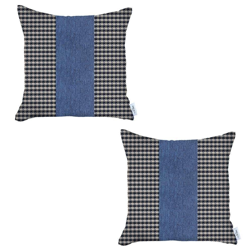 Set Of Two 18" X 18" White And Blue Houndstooth Zippered Handmade Polyester Throw Pillow