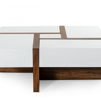 Modern White and Walnut Square Coffee Table with Storage