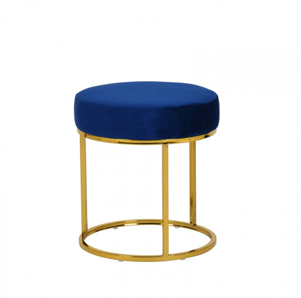 16" Blue Velvet And Gold Round Footstool Ottoman
