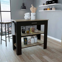 Light Oak and Black Kitchen Island with Drawer and Two Open Shelves