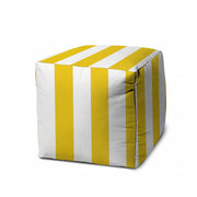 17" Yellow And White Polyester Cube Striped Indoor Outdoor Pouf Ottoman