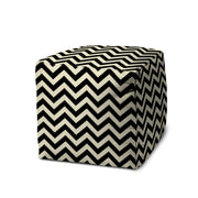 17" Black And White Polyester Cube Chevron Indoor Outdoor Pouf Ottoman