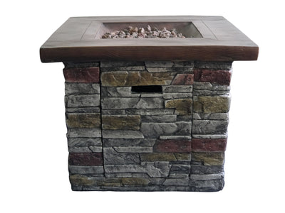 Outdoor Brown Wood and Brick Square Gas Fire Pit with Lava Rocks