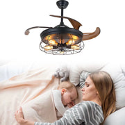 Industrial Caged Ceiling Lamp And Retractable Fan