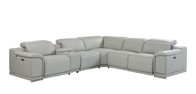 Light Gray Italian Leather Power Recline L Shape Six Piece Corner Sectional With Console