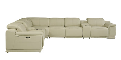 Beige Italian Leather Power Recline L Shape Eight Piece Corner Sectional With Console